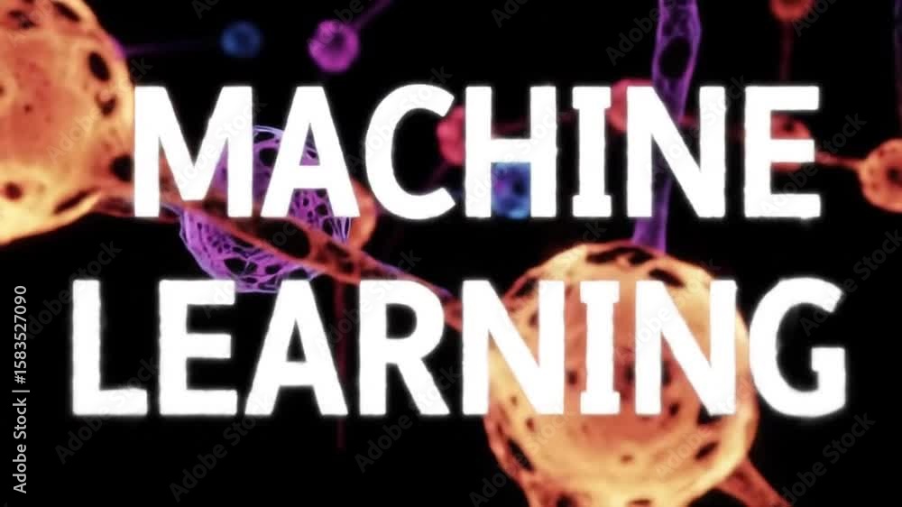 Poster machine learning text over a black background with neural network representations featuring connecte