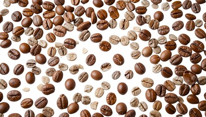 Obraz premium Scattered Roasted and Unroasted Coffee Beans on White Background - Coffee Production, Variety, Roasting Process