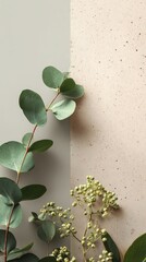 A minimalist photo featuring eucalyptus leaves and delicate buds against a split beige and light taupe background.