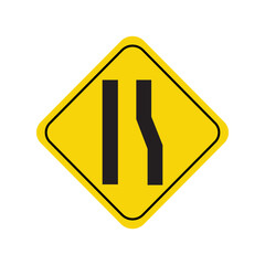 Yellow diamond-shaped road sign indicating a lane merging or narrowing ahead for traffic safety