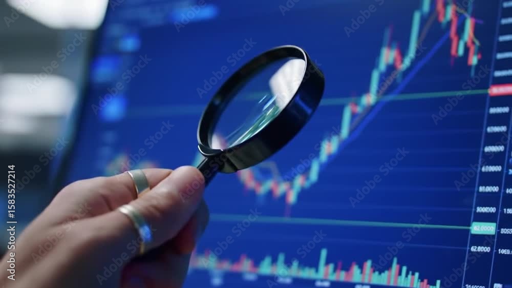 Poster magnifying glass analyzing financial chart on computer screen displaying stock market data investmen