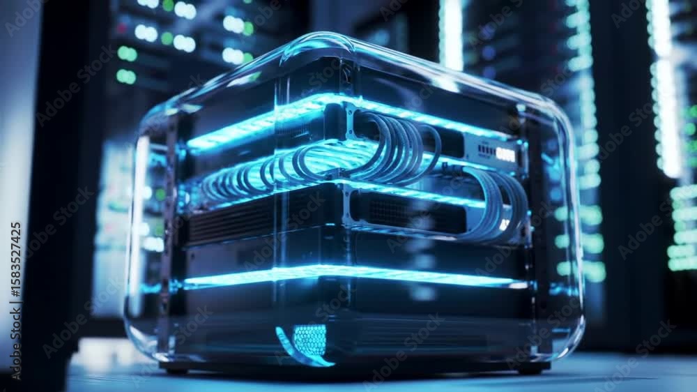 Poster modern data server unit with glowing blue light and cool colors in server room technology abstractio