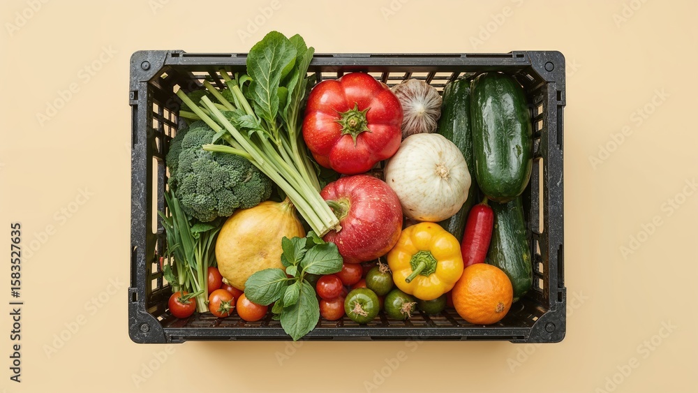 Poster assorted fresh vegetables arranged in a crate viewed from above on a bright surface