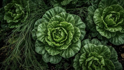 Fototapeta premium A blend of curly salad, lettuce, and dill growing together on a varied garden bed. Organic farming, mixed planting.