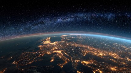 A stunning night view of Europe from space, showing illuminated cities and the Milky Way arching across the starry sky.