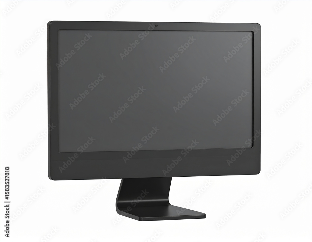 Poster a modern all in one computer monitor rendered on a white background showing a blank screen for visua