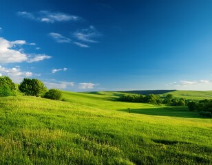 Obraz premium beautiful countryside in ukraine europe summertime nature photo of lush green pastures and clear blue sky explore earth s beauty copy space image place for adding text or design