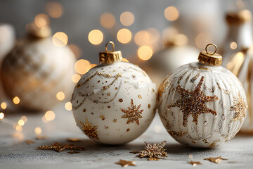 Festive ornaments in gold and white scattered on a neutral background with stars and sparkles
