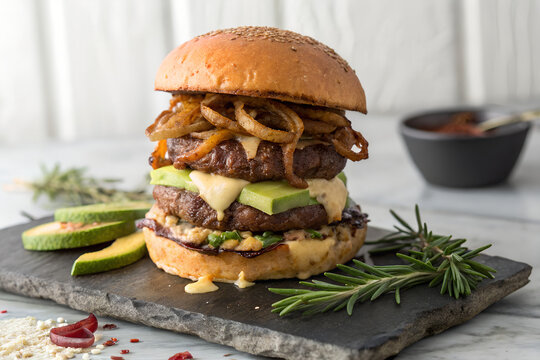 Fresh grilled beef burgers with cheese, lettuce, and tomato, alongside a fresh sandwich, fries, and salad create background with copy-space.
