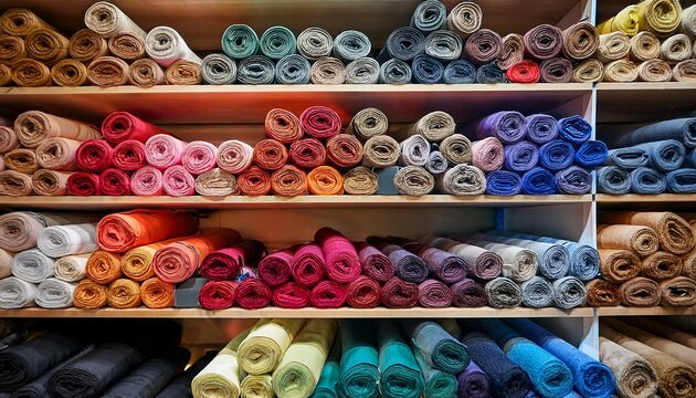 bookshelf of colorful rolled fabric a visually appealing display of neatly arranged rolls of fabric in a spectrum of colors offering a glimpse into the art of textile and design