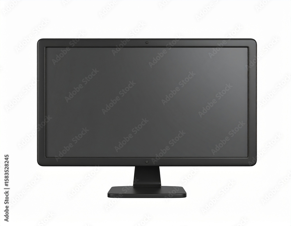 Poster realistic three dimensional rendering of a modern black computer monitor isolated against a clean wh