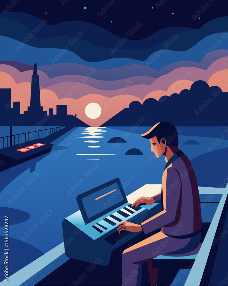 Poster in the evening as the boat makes its way down the river a musician performs on the deck with their l