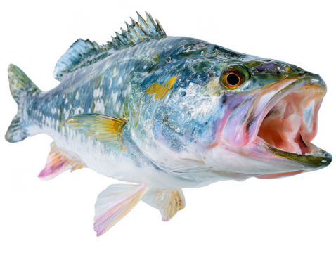 A vibrant largemouth bass is isolated on white, displaying its open mouth and spiny dorsal fin in a beautifully detailed close up shot of a wild animal.