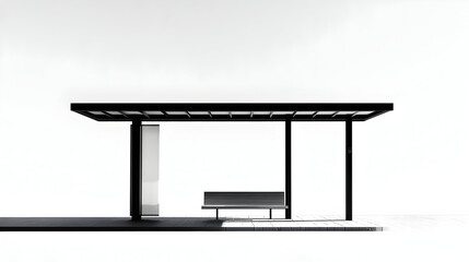 Fototapeta premium Minimalist bus shelter design with a bench against a white background.