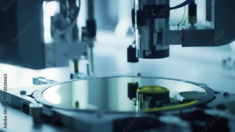Poster robotic arm placing component on wafer for high tech production in clean background