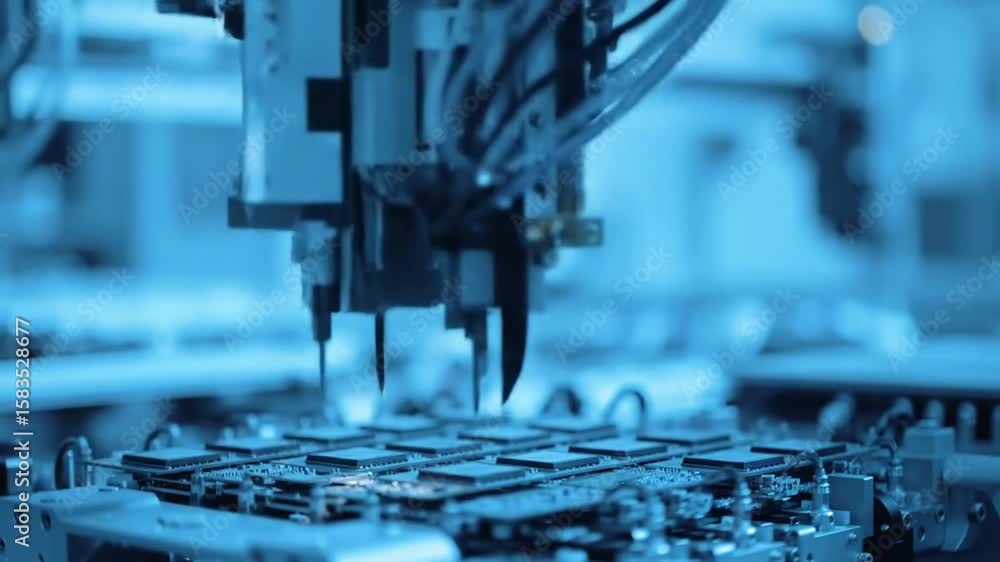 Poster robotic arm placing components on circuit board in blue toned manufacturing setting precision techno