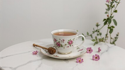 Fototapeta premium Warm tea accompanied by honey against a white backdrop