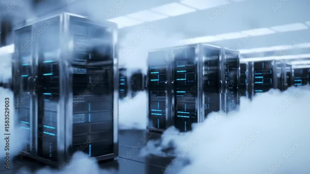 Poster rows of blue lit server racks in data center under cloud computing for digital information system an