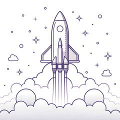 Fototapeta premium one continuous line drawing of rocket launching into space with stars and smoke illustration