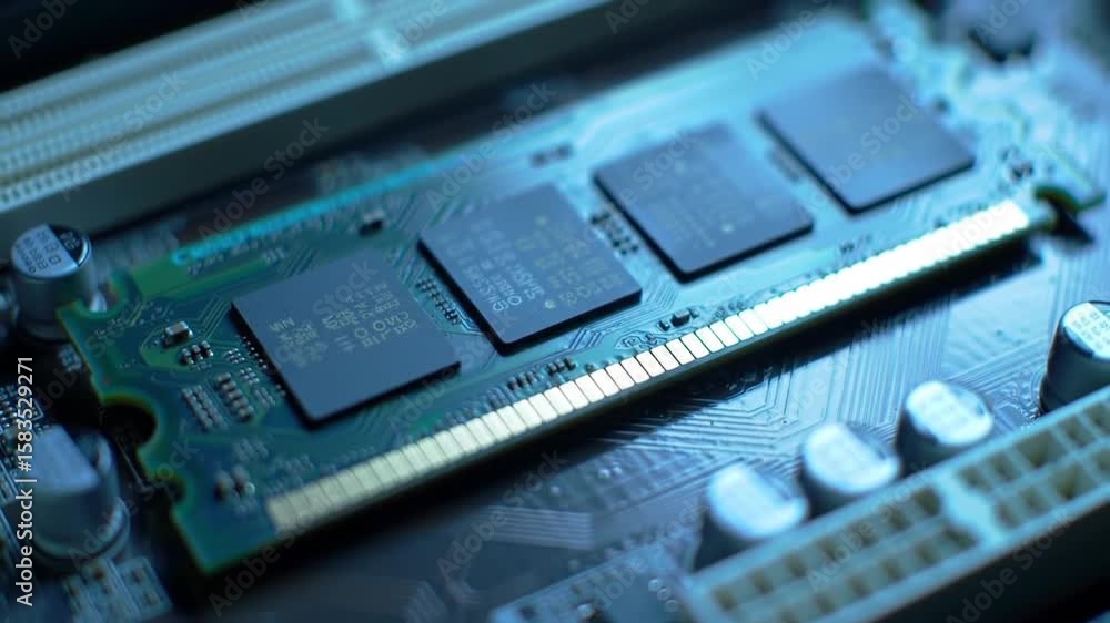 Poster single stick of random access memory resting on a motherboard with blue lighting and four black chip