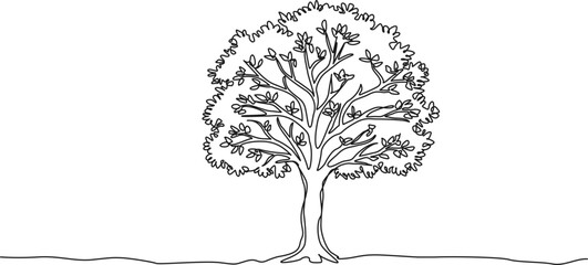 continuous single line drawing of a broadleaf tree, line art vector illustration