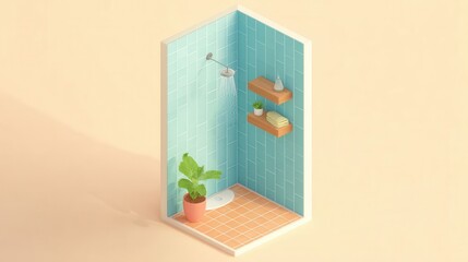 Modern Shower Room Design with Green Plants and Wooden Shelves
