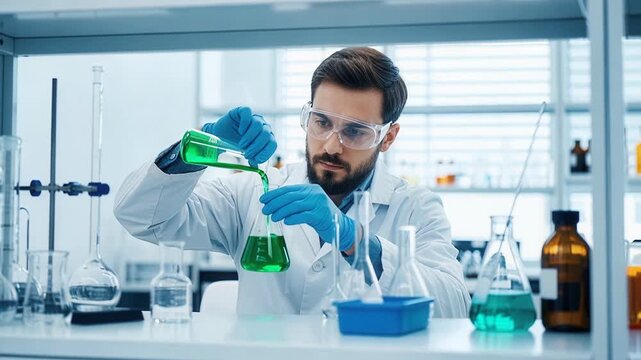 Scientist mixing green chemical solution in laboratory flask