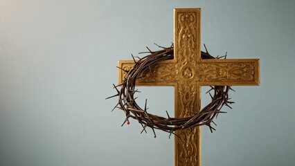 Golden cross with a crown of thorns resting on it against a light blue background symbolizing Easter and religious significance