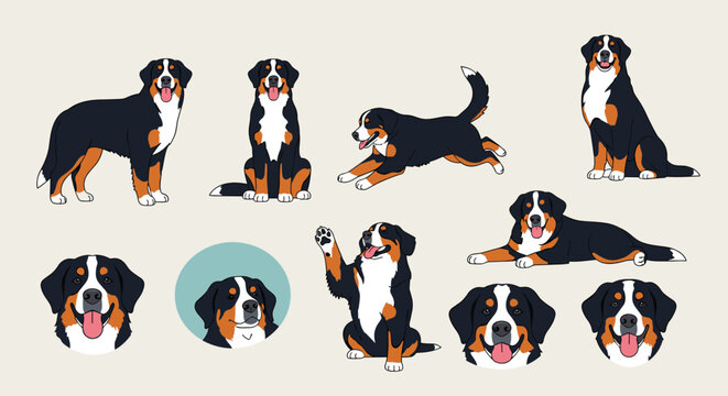 Collection of pixel art bernese mountain dogs in various poses and expressions for digital design projects