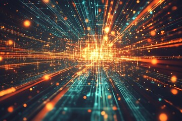 Futuristic technology background with glowing lines, data streams, and network connections