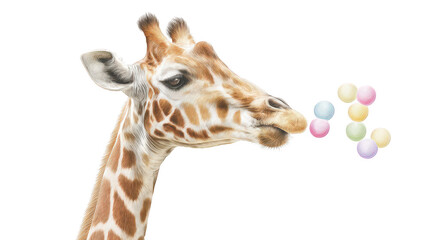 Obraz premium The portrait of a giraffe looking to the right side with some small candy circles coming from its mouth, and a white isolated background provides contrast.
