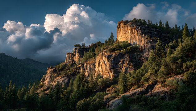 Showing layered plateau rock catching sunset light over forest canopy, cumulus clouds, copy space - Powered by Adobe