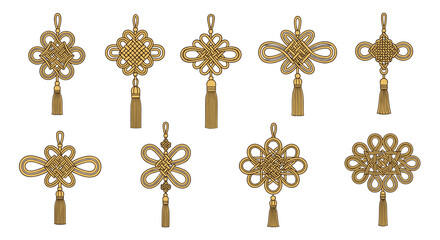 Decorative ornate golden knots with tassels for festive celebrations and cultural events