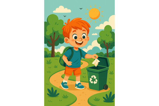 Cartoon Vector of a Child Throwing Trash in the Bin for Kids Education
