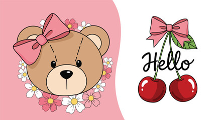 Fototapeta premium Adorable teddy bear surrounded by flowers with cherries and hello text