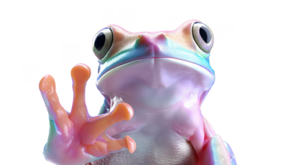 A colorful frog with iridescent skin is seen up close from a low angle, its hand raised against a stark white background for a unique perspective shot.