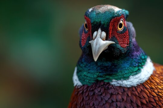 Closeup of a pheasant detailed feathers and colorful head in focus set against a blurred green background