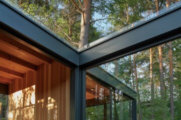 Fototapeta premium Modern architecture blends with nature in a glass and wood structure