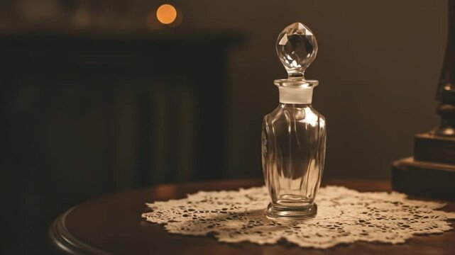 Crystal perfume bottle atop antique doily