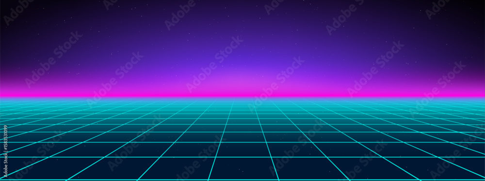 Poster cyberpunk neon grid background with 3d 80s retro purple patterns and vibrant lights. synthwave floor