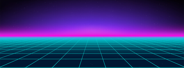 Cyberpunk neon grid background with 3D 80s retro purple patterns and vibrant lights. Synthwave floor texture and Tron laser effects for virtual arcade spaces. Digital polygon mesh bright topographic.