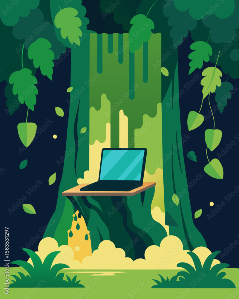 Poster hidden behind a curtain of ivy a laptop rests on a large tree stump allowing someone to work while s