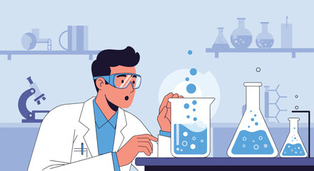 Excited scientist performs chemical experiment with bubbling liquid in laboratory flask equipment