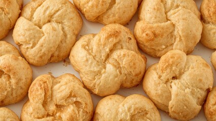 Close up view of golden knot-shaped biscuits arranged on a white background displaying texture and detail of baked goods
