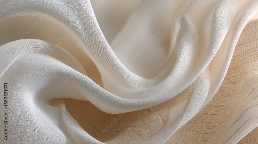 Poster close-up of white fabric with soft folds and a smooth texture draped over a wooden surface.