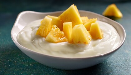 pineapple chunks falling into creamy yogurt or pudding close up vibrant and delicious