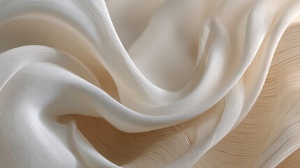 Close-up of white fabric with soft folds and a smooth texture draped over a wooden surface.