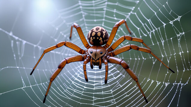 Selective focus shot of a brown spider on the spider web