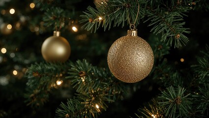 Fototapeta premium Holiday decoration featuring illuminated bulbs and shiny gold ornaments on a festive tree. Celebrating Christmas and New Year's joy.