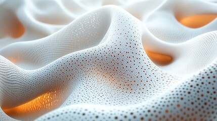 Abstract wavy textile surface with small particles represents fabric technology breathable materials microscopic texture and innovation in material science with light orange glowing soft elements